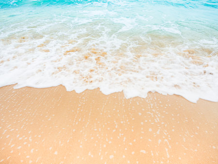 Beach Sand Sea Ocean Background Wave Blue Water Summer Shore Seaside Foam Calm Sandy Coast Beautiful Seascape Island Tropical nature, Mockup Tourism Travel Vacation Relax Holiday.の写真素材