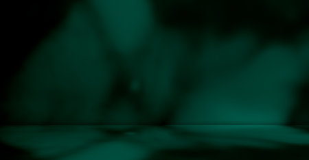 Green Background Shadow Studio Room Table Product,Teal Color Podium with Light Overlay on Wall Floor Scene Cement Loft Backdrop,Abstract Light on Template Mockup Minimal Kitchen Bar,Empty Space Desk.の写真素材