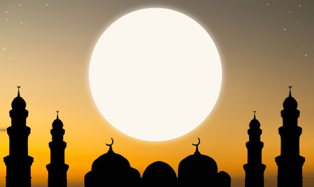 Musque Dome Night Building with Sky Moon Sunset Background Mubaruk Greeting Islam Ramadan Element Masjid Aqsa Hajj Kaaba Umrah Eid Arabian Religion Islamic Muhammad Arab Muslim Greeting.の写真素材