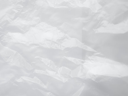 Plastic Paper Foil Silver Crumpled Wrap Film Cellophane White Background Package Pattern Bag Pvc Frame Stretch Tape Round Clean, Modern Packaging Polythene Surface Mockup Eco Environment.の写真素材