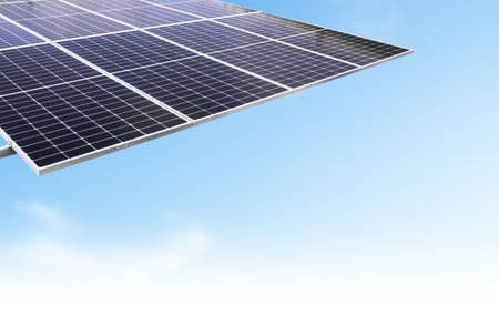 Solar Panel Rooftop House Electricity Buiding Roof System Techology Sun Light Power Eco Energy Environment Ecology Cell Plant on Blue Sky, Clean Carbon Electric Renewable Photovoltaic Rooftop Modern.の写真素材