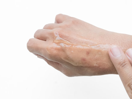 Testing Gel Aloe Vera on Skin Hand with White Background,Woman Applying Cream on Body for Medicine Injury,Test Mask Spa at Home,Lotion Moisturizer Cosmetic for Beauty Lifestyle,Autentic Skin tan.の写真素材