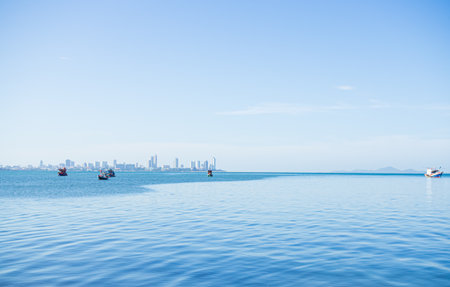 Blue Sea and Sky Background Wave Water Shore Ocean Beautiful Seascape for Tourism Travel Vacation Relax Holidays, Nature Outdoor Tropical Season, Paradise Coast Island Natural Landscape Day.の写真素材