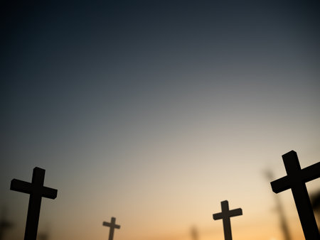 Cross Christian God Religion on Sunset Background, Jesus Church Worship Pray Catholic Grace Christ, Symbols Christ Love Holy Spiritual Hope Peach Victory Spirit Mditation Catholicism Crucifix.の写真素材