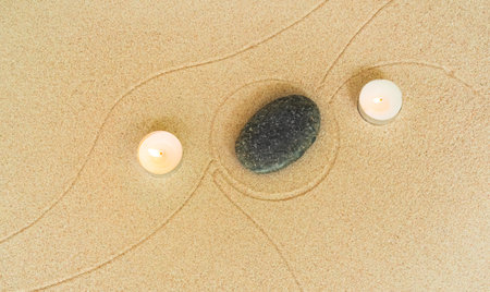 Zen Garden Candle Sand Background Japanese Balance Meditation Relax Buddhism Spirituality, Pattern Line Wave Mandala Mockup Spa Vacation Yoga Lifestyle Natural Summer, Texture Desert,Aroma Therapy.の写真素材