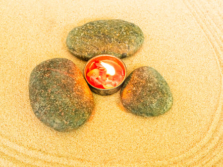 Zen Garden Candle Sand Background Japanese Balance Meditation Relax Buddhism Spirituality, Pattern Line Wave Mandala Mockup Spa Vacation Yoga Lifestyle Natural Summer, Texture Desert,Aroma Therapy.の写真素材