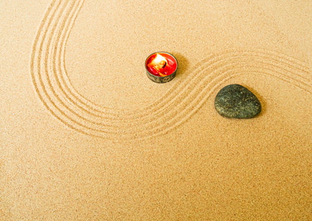 Zen Garden Candle Sand Background Japanese Balance Meditation Relax Buddhism Spirituality, Pattern Line Wave Mandala Mockup Spa Vacation Yoga Lifestyle Natural Summer, Texture Desert,Aroma Therapy.の写真素材