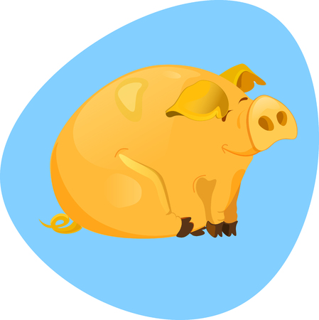 Cute cartoon yellow piggy sitting with closed eyes and smilingのイラスト素材