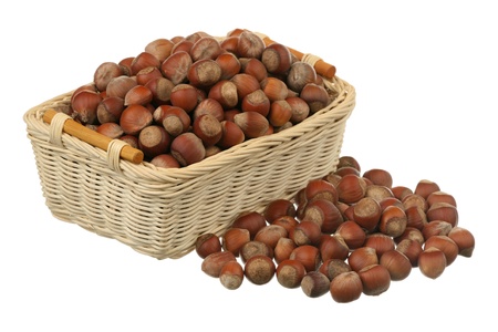 Filbert in a basket are isolated on a white background の写真素材