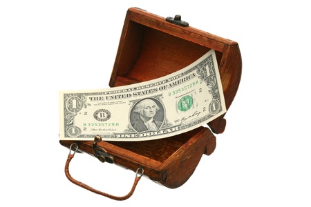 One dollar in a trunk on a white background の写真素材