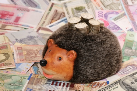 Hedgehog-coin box on a background of denominations の写真素材