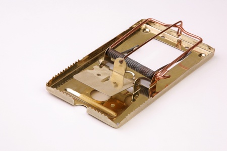 Empty gold metal mousetrap on a gray background 