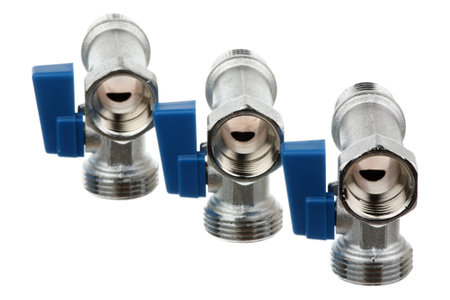 Three water faucet with blue handles isolated on a white background