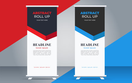 Vertical roll up banner stand design template with red and blue colorのイラスト素材