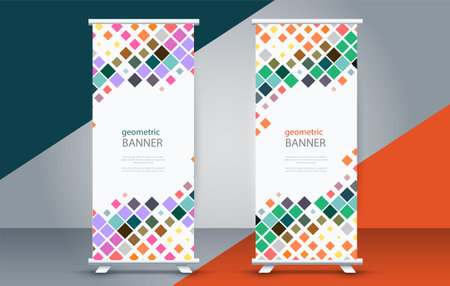 Roll up banner stand design with colorful geometric pattern. Vector illustration.のイラスト素材