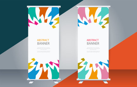 Roll up banner stand design template, abstract colorful background, vector illustrationのイラスト素材