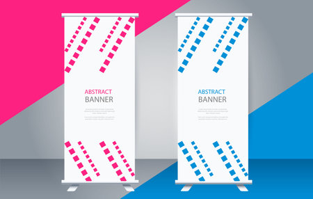 Roll up banner stand design template. Blue and pink color. Vector illustrationのイラスト素材
