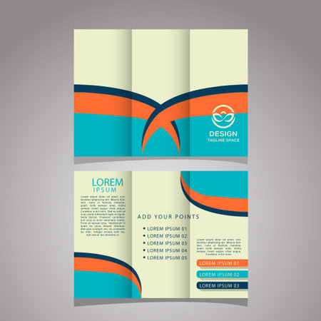 Tri-fold brochure design template with blue and orange elements.のイラスト素材
