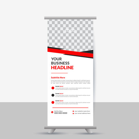 Roll up banner stand design template. Red and black color. Vector illustrationのイラスト素材