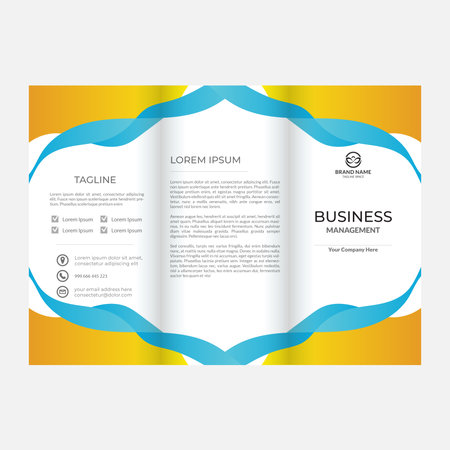 Tri-fold brochure design template with blue and yellow elements.のイラスト素材