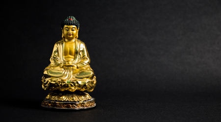 Meditating Golden Buddha statue on black backgroundの写真素材