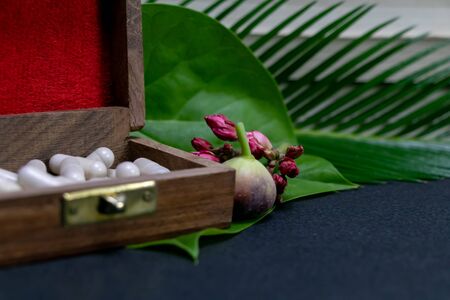 Natural medicine - Herbal capsules in wooden old box with pink flower bud, wild fruit on green leaf and dark backgroundの写真素材