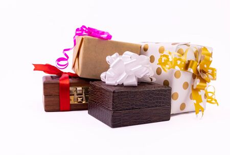 Gifts for all occasion concept. Close view of colorful decorative gift boxes with bows and ribbons...