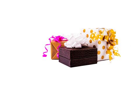 Set of colorful decorative gift box with bows and ribbons on white background