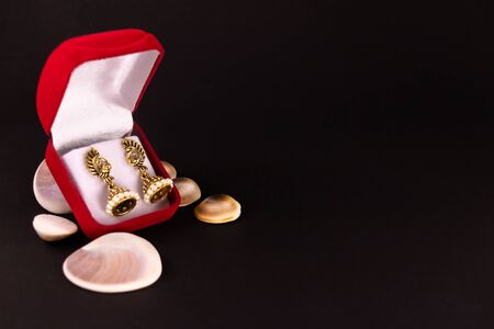 Beautiful gold plated earrings in red gift box with seashells on black background. Gift conceptの写真素材