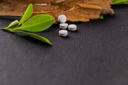Traditional medicine concept. Cinnamon and ayurvedic white tablets with green leaves on the black backgroundの写真素材