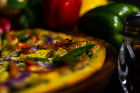 Photography of delicious hawaiian pizza with seletive focus shot from high angle.の写真素材