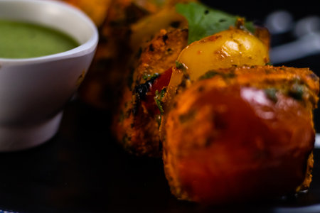 Extreme close up of delicious Cheese Tikka with green spicy sauce.の写真素材