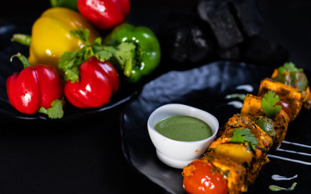 High angle shot of delicious Cheese Tikka with spicy sauce, colorful veggies and charcoal on black surface.の写真素材