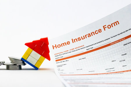 Home insurance form supporting a toy house made of legos from piled up coins.の写真素材