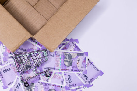 Top shot of empty box placed along with indian money and cart on white background.