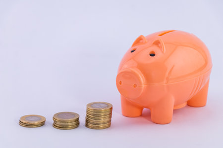 Piggy bank and stacked coins on white background, saving for future, money Investment business concept.の写真素材