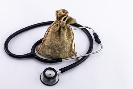 High-angle shot of Selective focus of sack bag with a stethoscope.CR2の写真素材