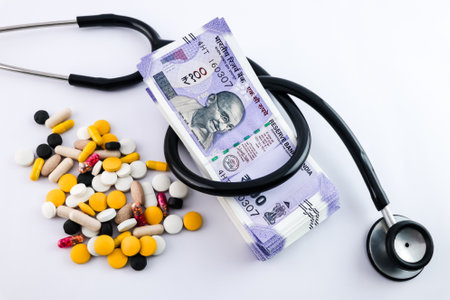 High-angle shot of Stethoscope with Indian rupees and medicine capsules.