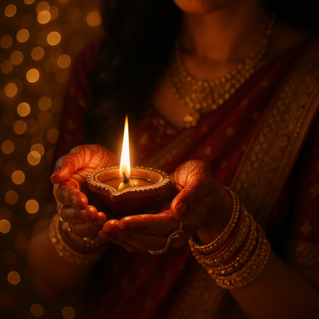 Woman Holding Traditional Diya Lamp on Diwali Night.の素材