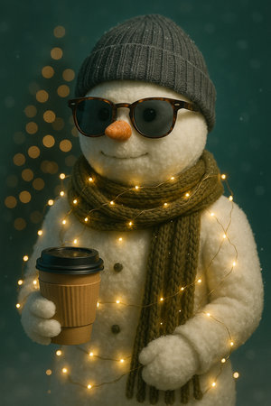 Cozy Christmas Snowman Holding Hot Coffee in Winter Lights.の素材