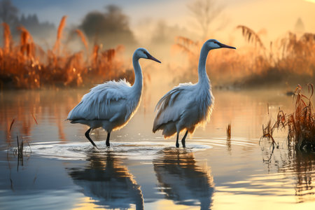 Pair of cranes are looking for food in the swamp, in the morning time, the soft light style is beautiful, with reflections in the water. Generative Ai.の素材