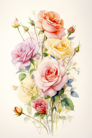 Natural background of various type of roses, with fractal decoration consisting of flowers and leaves, dry painted watercolor painting. Generative Ai.の素材