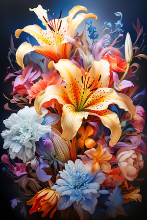 Natural background of multicolor lilies, with fractal decoration consisting of flowers and leaves, dry painted watercolor painting. Generative Ai.の素材