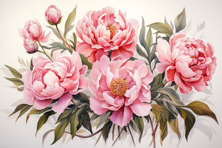 Art design watercolor painting of peony flower, blend together with stems and leaves, suitable for use in graphics. Generative ai.の素材