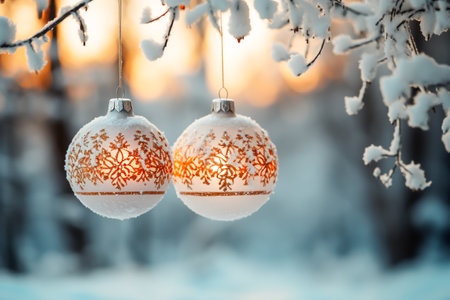 Christmas background, blurred pine trees, beautiful golden balls, the ground was filled with clean white snow, Soft bokeh light. Generative ai.の素材
