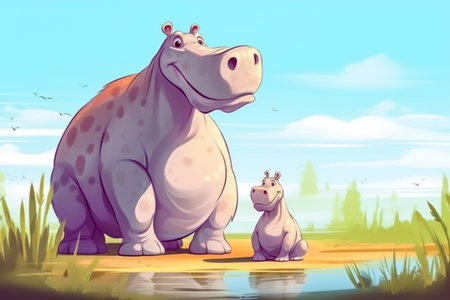 Cartoon animals, small and large hippopotamus, with puddles of water, grass, sky, simple style. Generative ai.の素材