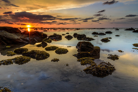 The golden hour sunset. The coral live fertile during low tide sea waterの写真素材