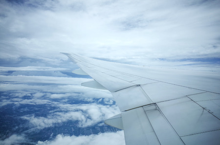view from window of airplane wingの写真素材