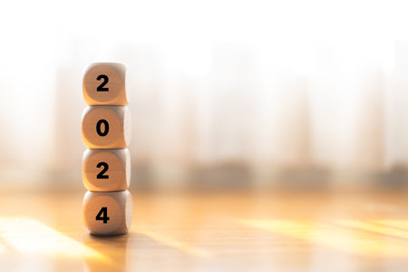 2024 on wooden block on the wood table. Happy New Year 2024. Planning and Goal concept. copy space