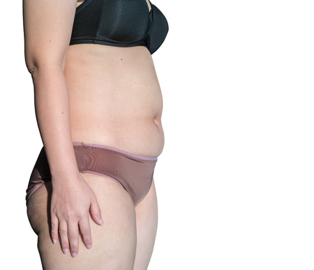 Fat Asian woman in underwear on white background.の写真素材